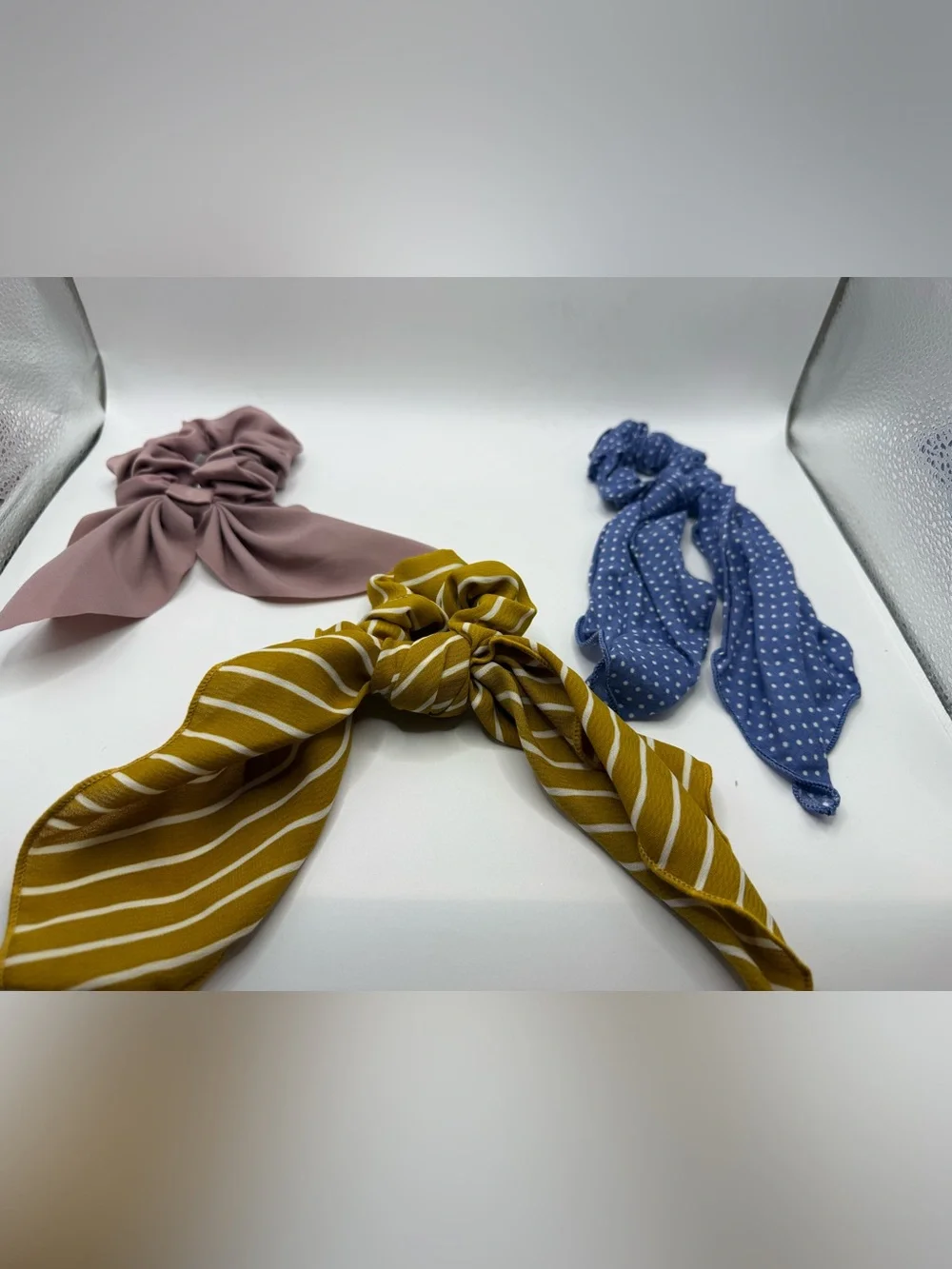 Madewell Set of 3 Women's Bow Scrunchie Hair Ties - Mustard, Blue, Mauve